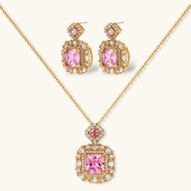 Rose pink zirconia necklace and matching drop earrings with ornate geometric settings | Olaty