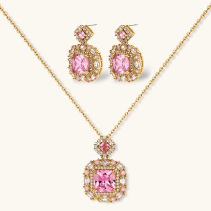 Rose pink zirconia necklace and matching drop earrings with ornate geometric settings | Olaty