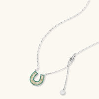 Jade green and champagne zirconia horseshoe pendant necklace with mixed link chain | Olaty