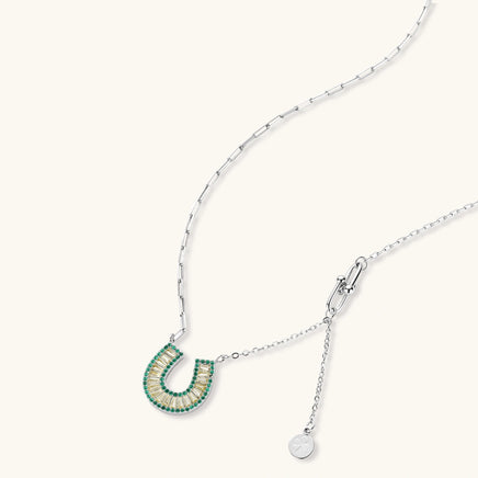 Jade green and champagne zirconia horseshoe pendant necklace with mixed link chain | Olaty
