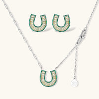 Jade green and champagne zirconia horseshoe Jewelry Set with necklace and matching earrings | Olaty