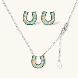 Jade green and champagne zirconia horseshoe Jewelry Set with necklace and matching earrings | Olaty