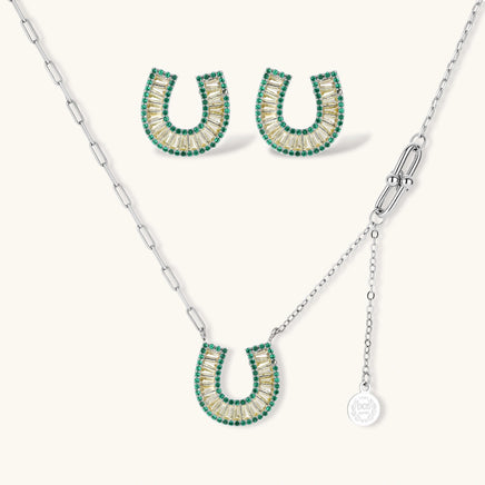 Jade green and champagne zirconia horseshoe Jewelry Set with necklace and matching earrings | Olaty