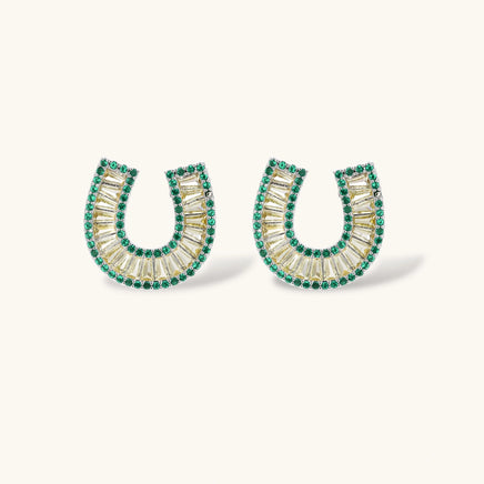 Jade green and champagne baguette zirconia horseshoe stud earrings | Olaty