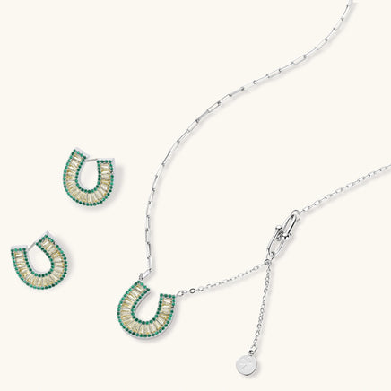 Jade green zirconia horseshoe Jewelry Set with pendant necklace and matching stud earrings | Olaty