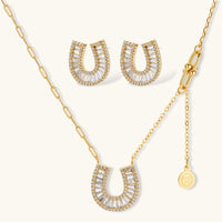 Gold horseshoe crystal necklace and matching earrings jewelry set | Olaty