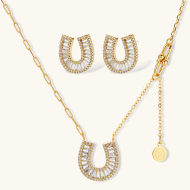 Gold horseshoe crystal necklace and matching earrings jewelry set | Olaty