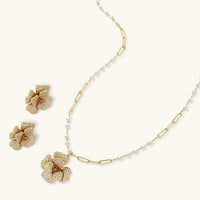 Golden floral Zirconia necklace and matching crystal flower earrings | Olaty