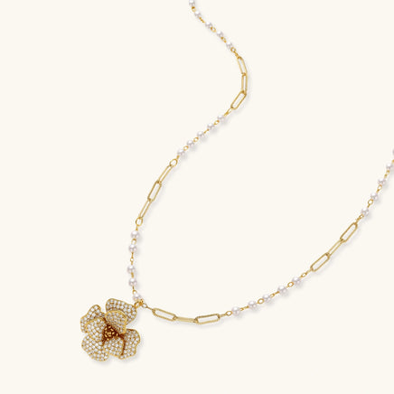 Golden Bloom flower pendant necklace with pearl-accented chain | Olaty