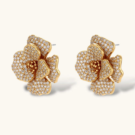 Golden Bloom dimensional floral statement earrings covered in Zirconia | Olaty