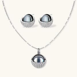 Cosmic sphere necklace and stud earrings set with dark centers and clear zirconia | Olaty