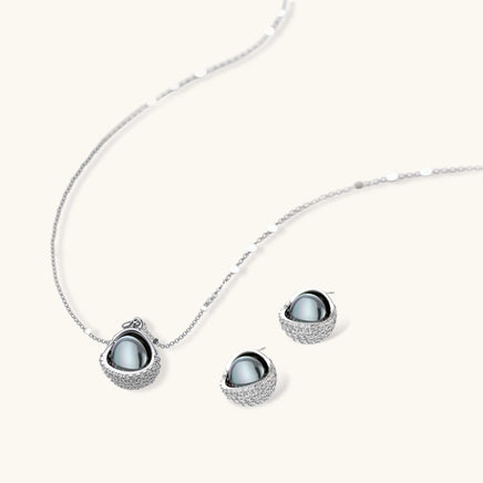 Dark sphere pendant necklace and matching stud earrings with clear zirconia details | Olaty