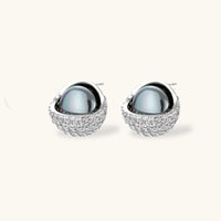Dark lustrous sphere stud earrings with clear zirconia encrusted setting | Olaty