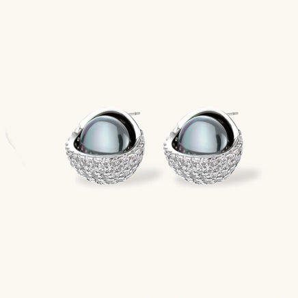 Dark lustrous sphere stud earrings with clear zirconia encrusted setting | Olaty