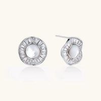 Radiant Pearl Halo statement stud earrings with freshwater pearl centers and geometric crystal halos angled view | Olaty