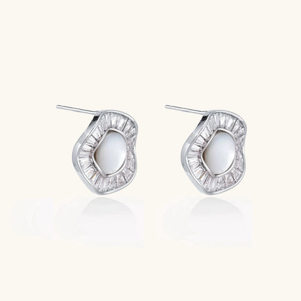 Radiant Pearl Halo stud earrings with freshwater pearls and crystal halo settings side view | Olaty