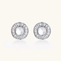 Radiant Pearl Halo statement stud earrings with luminous pearl centers and geometric crystal halos front view | Olaty