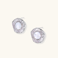 Radiant Pearl Halo stud earrings with freshwater pearls and crystal halos overhead view | Olaty