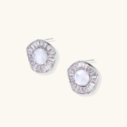 Radiant Pearl Halo stud earrings with freshwater pearls and crystal halos overhead view | Olaty