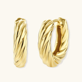 Twisted Gold Huggie Hoops in polished 14K gold-plated sterling silver shown from front and side | Olaty