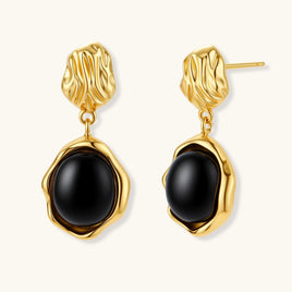 Ripple Drop Agate Earrings in 18K gold-plated sterling silver with polished black agate stones | Olaty
