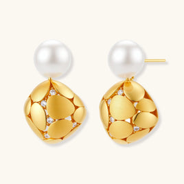 Gold-plated sterling silver drop earrings with white freshwater pearl studs and overlapping petal design with crystal accents