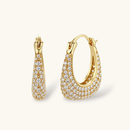 Pavé Crystal gold-plated statement hoop earrings with brilliant zirconia front and side view | Olaty