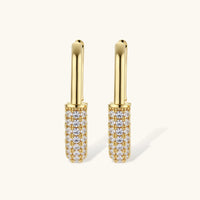 Golden Glow huggie hoop earrings featuring polished gold tops and pavé zirconia fronts | Olaty