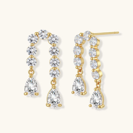 Linear Crystal gold-plated drop earrings with round zirconia and pear-cut accents angled view | Olaty