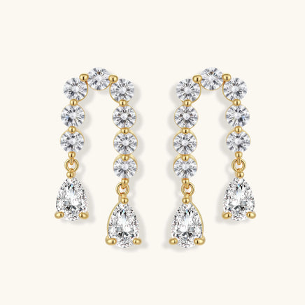 Linear Crystal drop earrings with cascading zirconia and pear-shaped stones front view | Olaty