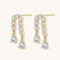 Linear Crystal gold-plated earrings with zirconia cascade and pear drop side view | Olaty