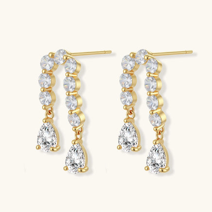 Linear Crystal gold-plated earrings with zirconia cascade and pear drop side view | Olaty