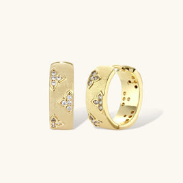 Clover Bloom zirconia hoop earrings in 14K gold-plated eco-brass shown in front and angled view | Olaty