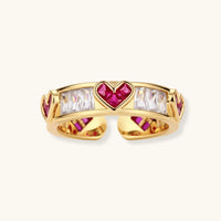 Love + Logic heart zirconia ring with red stones and clear baguette-cut zirconia front view | Olaty