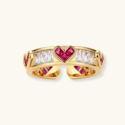 Love + Logic heart zirconia ring with red stones and clear baguette-cut zirconia front view | Olaty