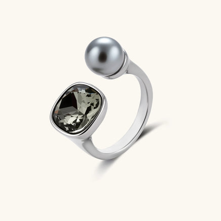 Dual Element adjustable ring with smoky Zirconia and gray pearl | Olaty