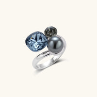 Trinity adjustable ring with blue zirconia, gray pearl and smoky crystal | Olaty
