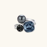 Trinity statement ring showing gray pearl, blue zirconia and smoky crystal setting | Olaty