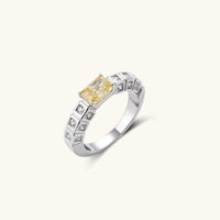 Golden Geometry yellow zirconia Art Deco statement ring with geometric clear zirconia accents angled view | Olaty