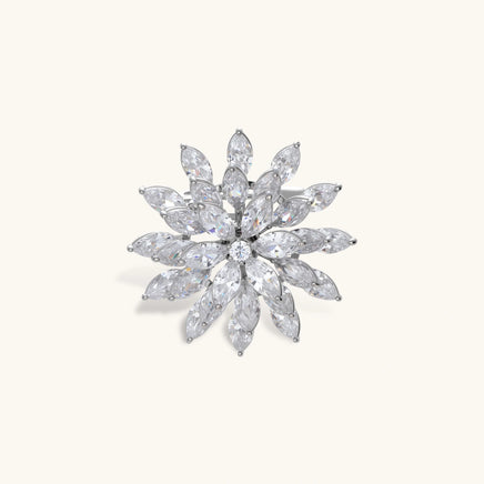 Starflower Crystal Statement Brooch with layered marquise-cut clear zirconia petals in a radiant floral design | Olaty