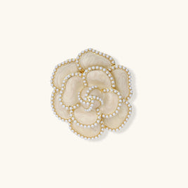 Pearl Rose Statement Brooch with layered ivory petals, pearl-trimmed edges and gold-tone detailing | Olaty