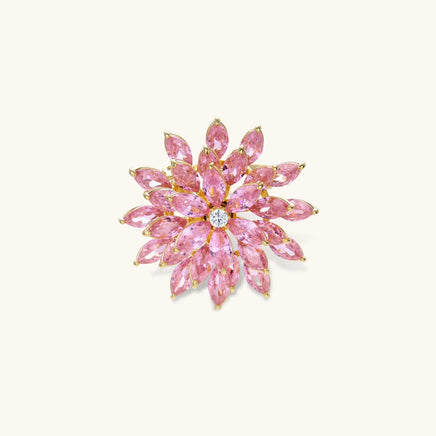 Pink Bloom Crystal Statement Brooch with layered marquise-cut pink zirconia petals and clear crystal center | Olaty