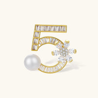 Lucky Number Five Brooch with clear zirconia, floral crystal detail and round white pearl accent | Olaty