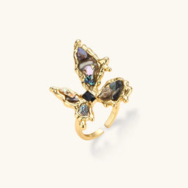 Iridescent butterfly statement ring with organic shell inlays and sculptural gold-tone frame | Olaty