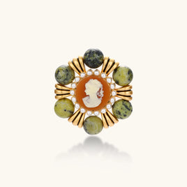 Empress Cameo Brooch with orange portrait cameo, green natural stone beads and gold-tone sculptural details | Olaty