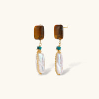 Amber baroque pearl drop earrings with rectangular amber-tone stones, turquoise accents and elongated pearls | Olaty