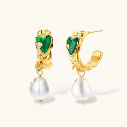 Emerald green heart pearl drop earrings with sculptural gold hoops and freshwater baroque pearls | Olaty