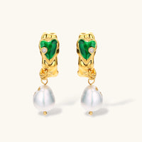 Front view of emerald green heart earrings with crystal accents and freshwater pearl drops | Olaty