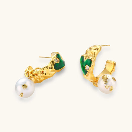 Angled view of green heart pearl earrings with sculptural gold hoops and freshwater pearls | Olaty