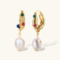 Baroque gem pearl hoop earrings with colorful stone accents and freshwater pearl drops | Olaty